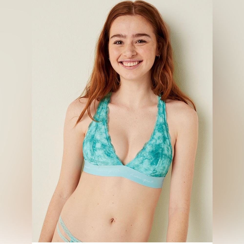 PINK Victoria’s Secret lace halter teal blue bralette size Xsmall